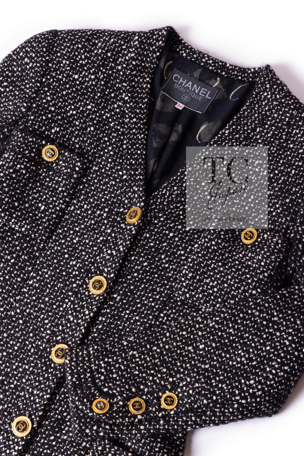 CHANEL 93A Vintage Black Ivory CC Gold Button Cotton Wool Coat 34 シャネル ヴィンテージ ブラック アイボリー ゴールド ココボタン コットン ウール コート 即発