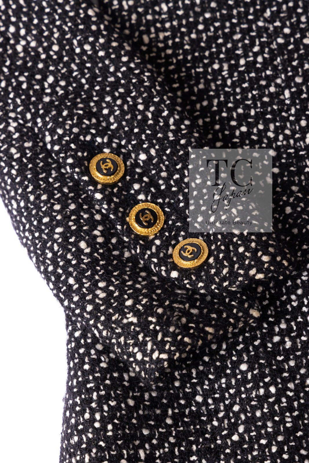 CHANEL 93A Vintage Black Ivory CC Gold Button Cotton Wool Coat 34 シャネル ヴィンテージ ブラック アイボリー ゴールド ココボタン コットン ウール コート 即発