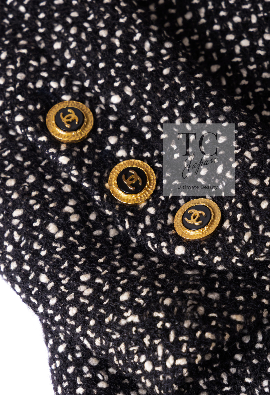 CHANEL 93A Vintage Black Ivory CC Gold Button Cotton Wool Coat 34 シャネル ヴィンテージ ブラック アイボリー ゴールド ココボタン コットン ウール コート 即発