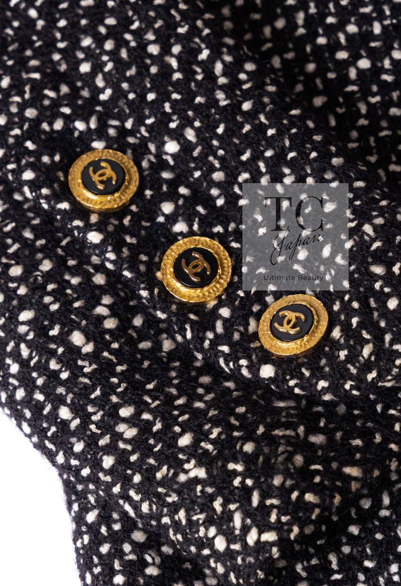 CHANEL 93A Vintage Black Ivory CC Gold Button Cotton Wool Coat 34 シャネル ヴィンテージ ブラック アイボリー ゴールド ココボタン コットン ウール コート 即発
