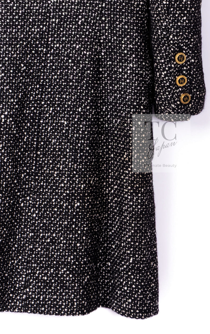 CHANEL 93A Vintage Black Ivory CC Gold Button Cotton Wool Coat 34 シャネル ヴィンテージ ブラック アイボリー ゴールド ココボタン コットン ウール コート 即発