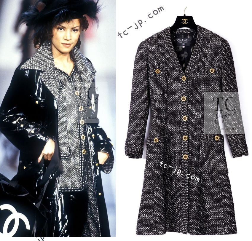 CHANEL 93A Vintage Black Ivory CC Gold Button Cotton Wool Coat 34 シャネル ヴィンテージ ブラック アイボリー ゴールド ココボタン コットン ウール コート 即発