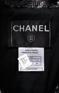 CHANEL 05A Black Gray Camellia CC Button Wool Tweed Coat 36 38 シャネル ブラック グレー カメリア柄 CC ボタン ウール ツイード コート