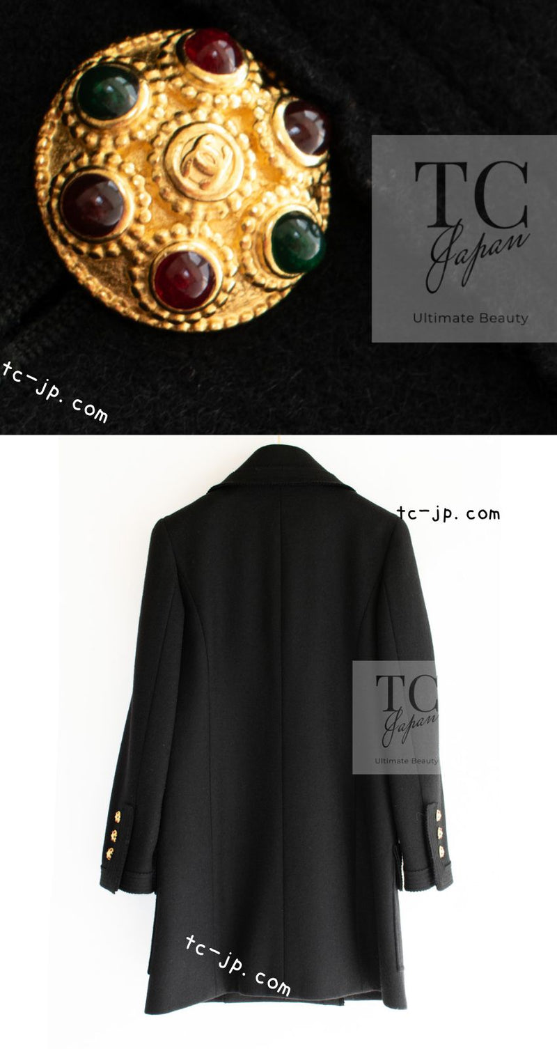 CHANEL 96A Vintage Black Gripox Buttons Double Wool Long Jacket Coat 38 シャネル ヴィンテージ ブラック グリポア 宝石 ボタン タブル ウール ロング ジャケット コート 即発