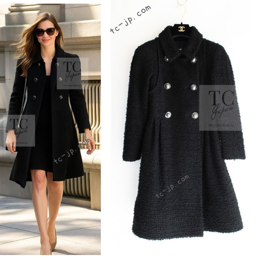 CHANEL 17A Black CC Big Buttons Double Wool Tweed Coat 38 シャネル ブラック CC ロゴ ビッグ ボタン ダブル ウール ツイード コート 即発