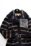 CHANEL 20PF Dark Navy Gold Border Wool Knit Long Cardigan Coat with Belt 36 38 40 シャネル ダークネイビー ゴールド ボーダー ウール ニット ロング カーディガン コート ベルト付き 即発