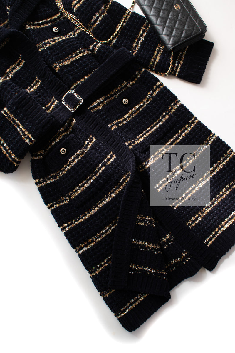 CHANEL 20PF Dark Navy Gold Border Wool Knit Long Cardigan Coat with Belt 36 38 40 シャネル ダークネイビー ゴールド ボーダー ウール ニット ロング カーディガン コート ベルト付き 即発