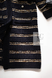 CHANEL 20PF Dark Navy Gold Border Wool Knit Long Cardigan Coat with Belt 36 38 40 シャネル ダークネイビー ゴールド ボーダー ウール ニット ロング カーディガン コート ベルト付き 即発