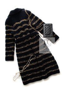 CHANEL 20PF Dark Navy Gold Border Wool Knit Long Cardigan Coat with Belt 36 38 40 シャネル ダークネイビー ゴールド ボーダー ウール ニット ロング カーディガン コート ベルト付き 即発