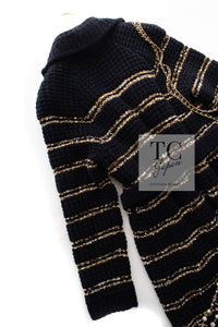 CHANEL 20PF Dark Navy Gold Border Wool Knit Long Cardigan Coat with Belt 36 38 40 シャネル ダークネイビー ゴールド ボーダー ウール ニット ロング カーディガン コート ベルト付き 即発