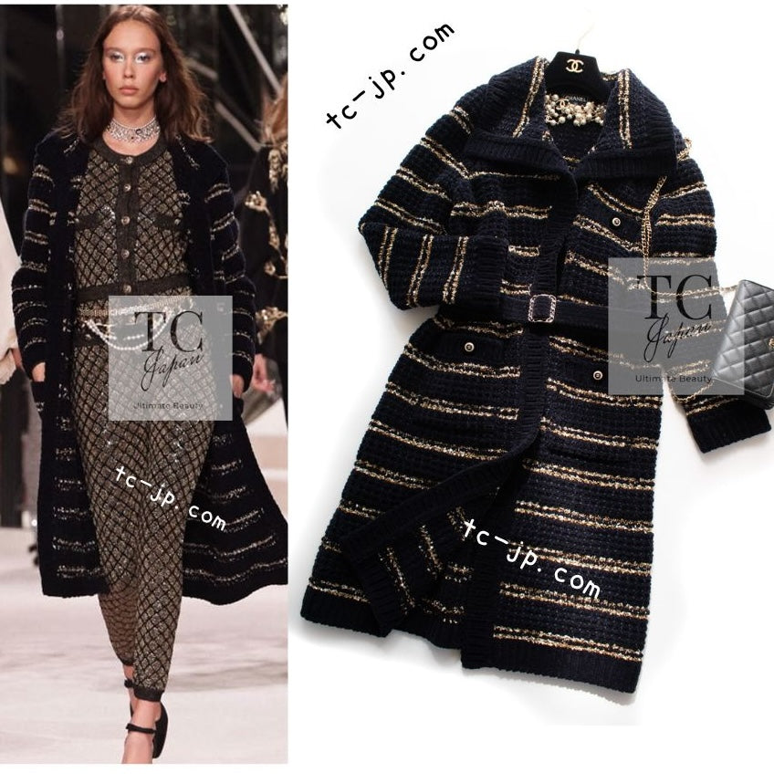 CHANEL 20PF Dark Navy Gold Border Wool Knit Long Cardigan Coat with Belt 36  38 40 シャネル ダークネイビー ゴールド ボーダー ウール ニット ロング カーディガン コート ベルト付き 即発