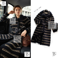 CHANEL 20PF Dark Navy Gold Border Wool Knit Long Cardigan Coat with Belt 36 38 40 42 シャネル ダークネイビー ゴールド ボーダー ウール ニット ロング カーディガン コート ベルト付き 即発