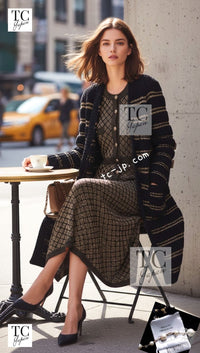 CHANEL 20PF Dark Navy Gold Border Wool Knit Long Cardigan Coat with Belt 36 38 40 42 シャネル ダークネイビー ゴールド ボーダー ウール ニット ロング カーディガン コート ベルト付き 即発