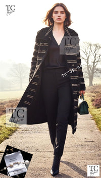 CHANEL 20PF Dark Navy Gold Border Wool Knit Long Cardigan Coat with Belt 36 38 40 42 シャネル ダークネイビー ゴールド ボーダー ウール ニット ロング カーディガン コート ベルト付き 即発