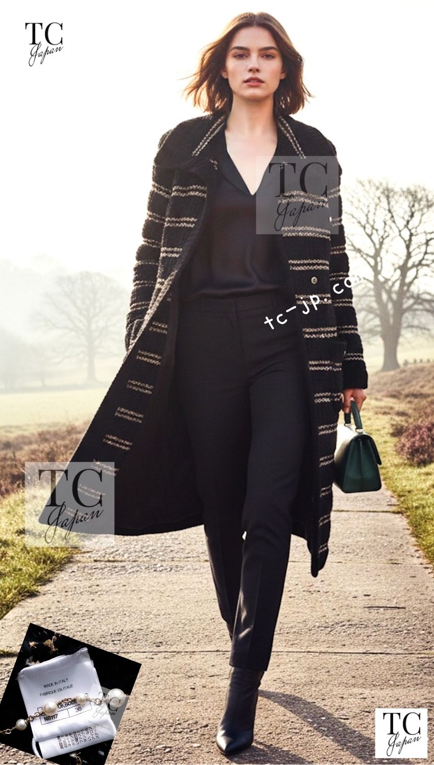 CHANEL 20PF Dark Navy Gold Border Wool Knit Long Cardigan Coat with Belt 36 38 40 42 シャネル ダークネイビー ゴールド ボーダー ウール ニット ロング カーディガン コート ベルト付き 即発