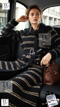 CHANEL 20PF Dark Navy Gold Border Wool Knit Long Cardigan Coat with Belt 36 38 40 42 シャネル ダークネイビー ゴールド ボーダー ウール ニット ロング カーディガン コート ベルト付き 即発