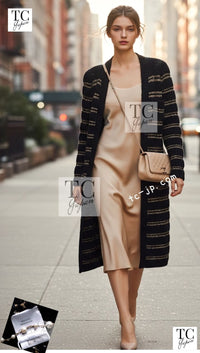 CHANEL 20PF Dark Navy Gold Border Wool Knit Long Cardigan Coat with Belt 36 38 40 42 シャネル ダークネイビー ゴールド ボーダー ウール ニット ロング カーディガン コート ベルト付き 即発