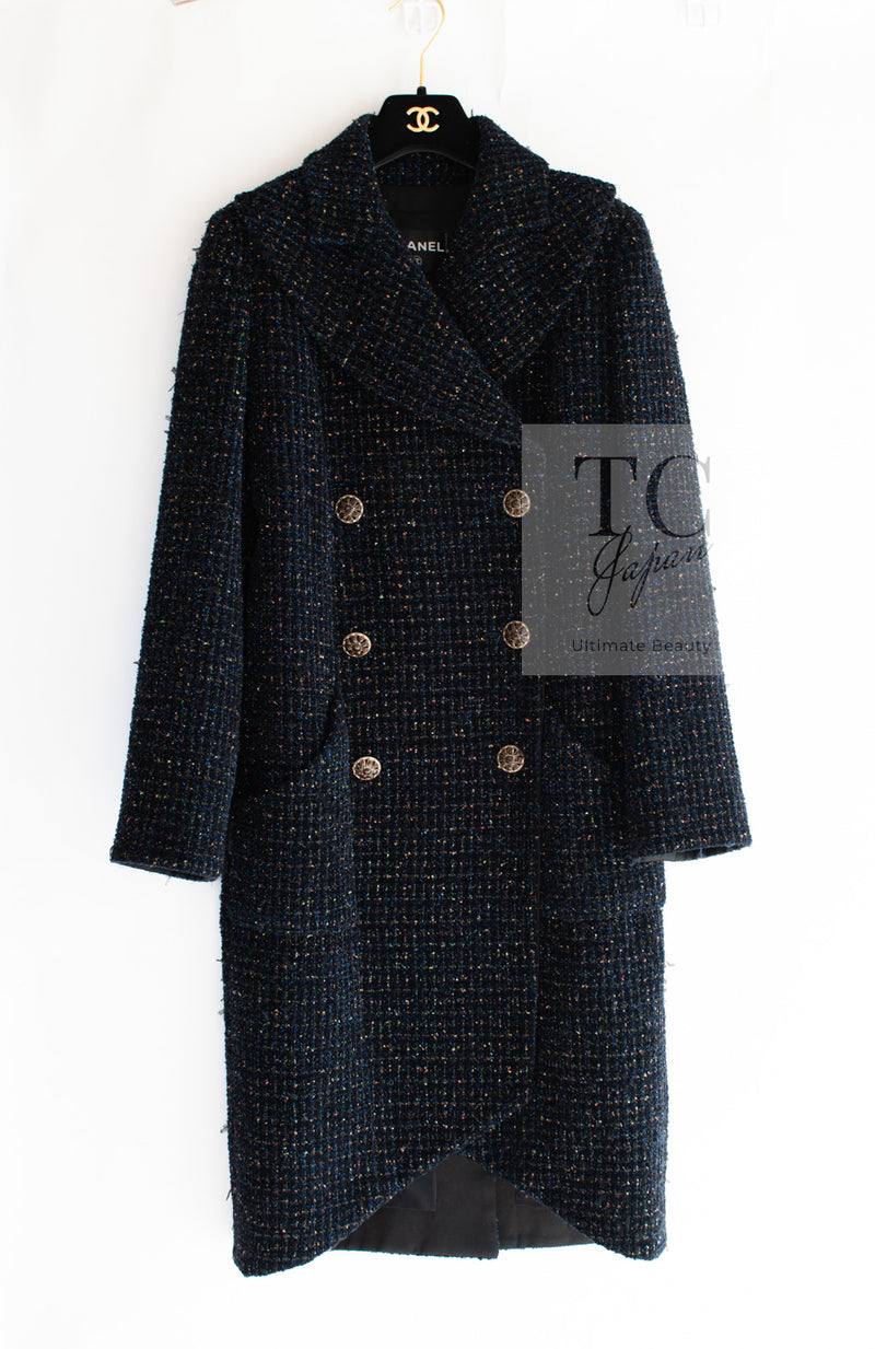 CHANEL 19PF Black Dark Navy Metallic Gripox Buttons Tweed Coat 38 40 シャネル ブラック ダークネイビー メタリック グリポワ 宝石 ボタン ツイード コート 即発