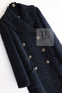 CHANEL 19PF Black Dark Navy Metallic Gripox Buttons Tweed Coat 38 40 シャネル ブラック ダークネイビー メタリック グリポワ 宝石 ボタン ツイード コート 即発