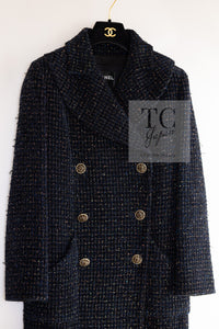 CHANEL 19PF Black Dark Navy Metallic Gripox Buttons Tweed Coat 38 40 シャネル ブラック ダークネイビー メタリック グリポワ 宝石 ボタン ツイード コート 即発