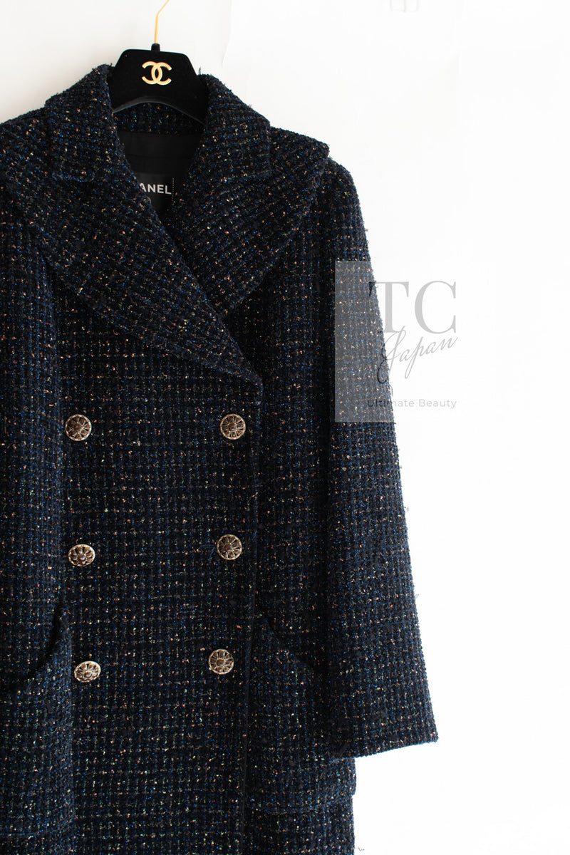 CHANEL 19PF Black Dark Navy Metallic Gripox Buttons Tweed Coat 38 40 シャネル ブラック ダークネイビー メタリック グリポワ 宝石 ボタン ツイード コート 即発