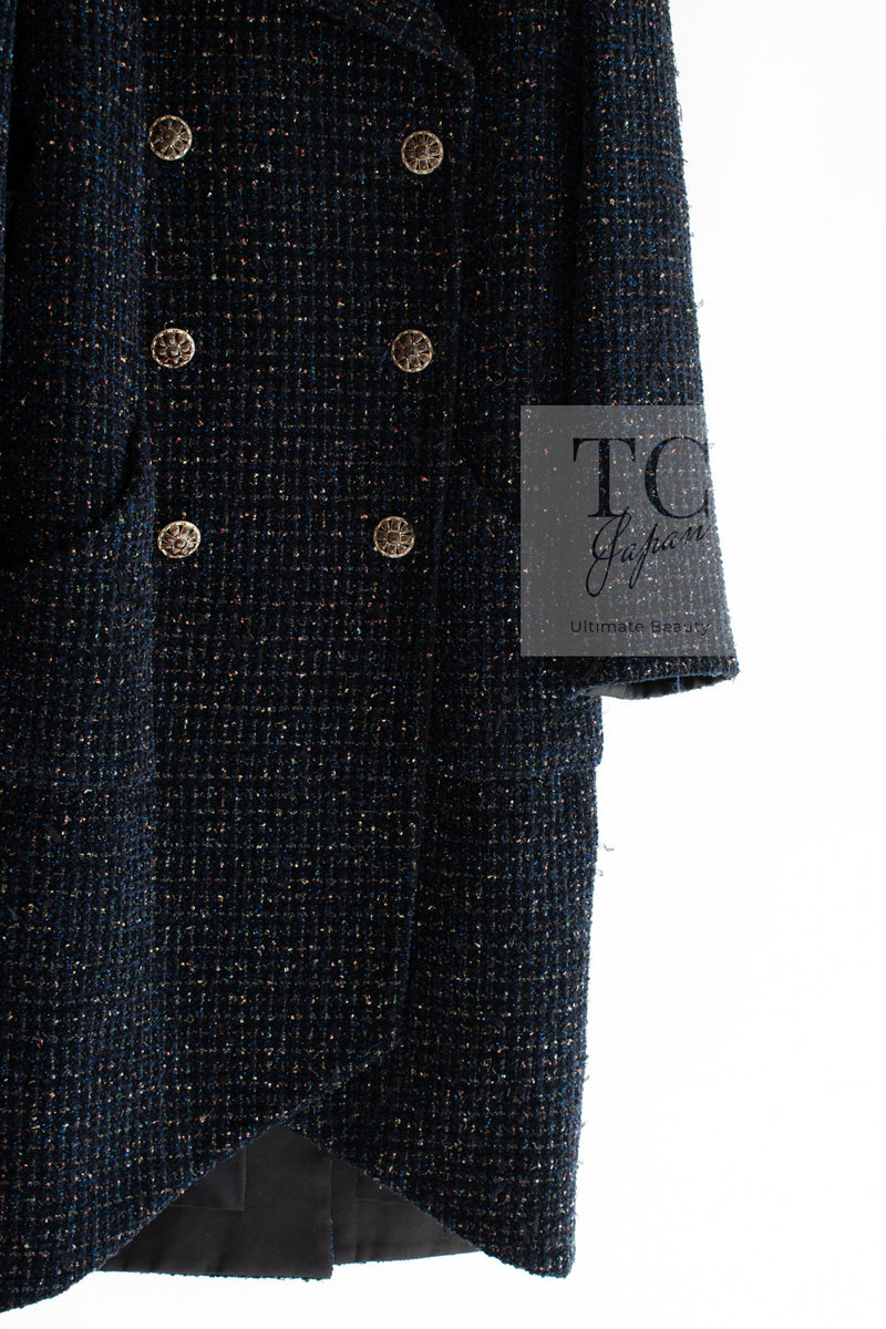 CHANEL 19PF Black Dark Navy Metallic Gripox Buttons Tweed Coat 38 40 シャネル ブラック ダークネイビー メタリック グリポワ 宝石 ボタン ツイード コート 即発