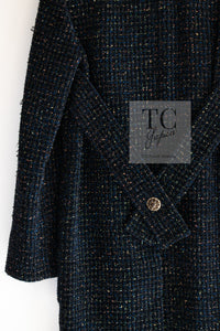 CHANEL 19PF Black Dark Navy Metallic Gripox Buttons Tweed Coat 38 40 シャネル ブラック ダークネイビー メタリック グリポワ 宝石 ボタン ツイード コート 即発