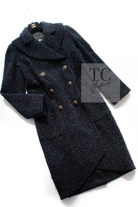 CHANEL 19PF Black Dark Navy Metallic Gripox Buttons Tweed Coat 38 40 シャネル ブラック ダークネイビー メタリック グリポワ 宝石 ボタン ツイード コート 即発