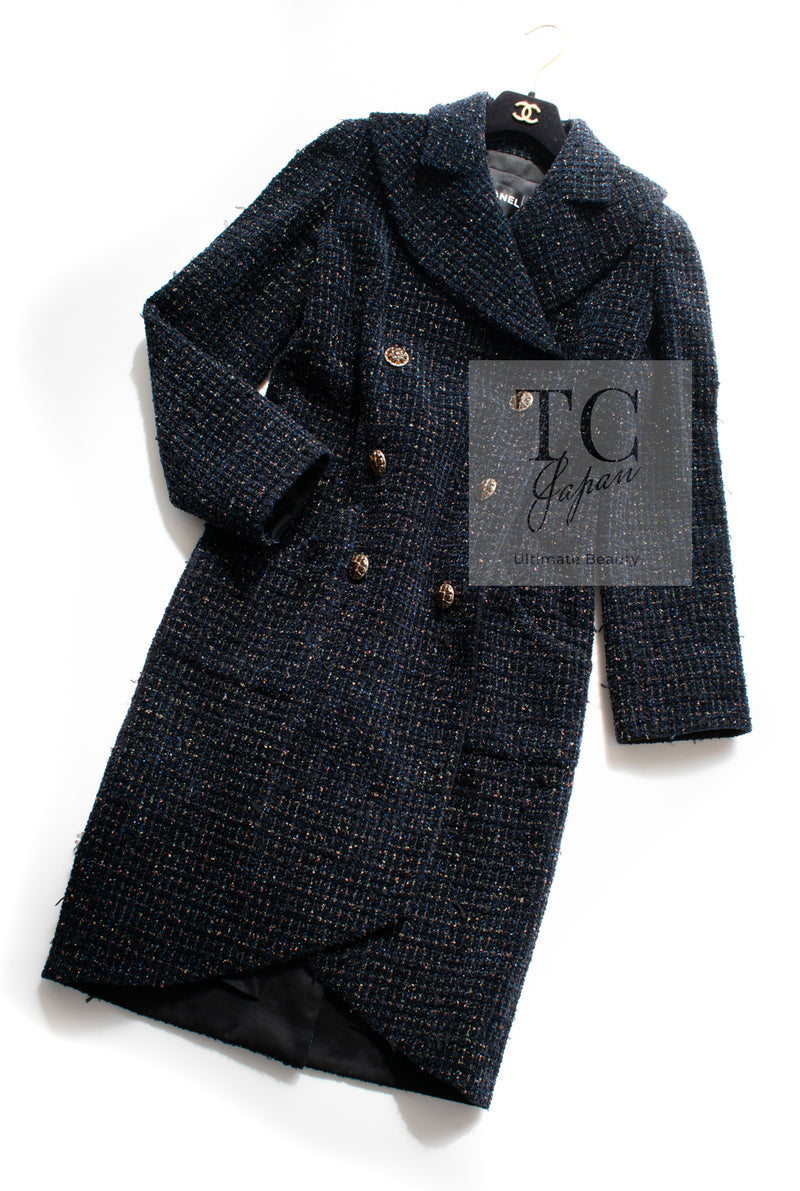 CHANEL 19PF Black Dark Navy Metallic Gripox Buttons Tweed Coat 38 40 シャネル ブラック ダークネイビー メタリック グリポワ 宝石 ボタン ツイード コート 即発