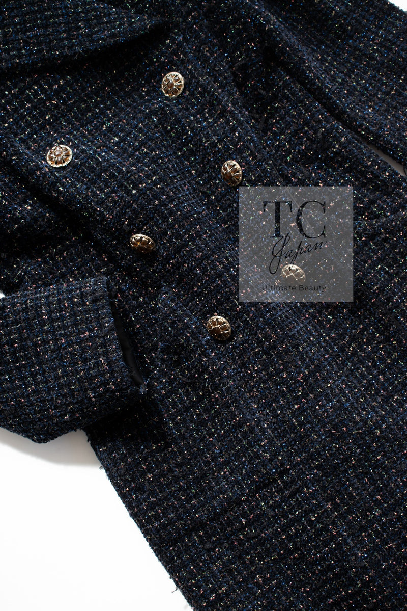 CHANEL 19PF Black Dark Navy Metallic Gripox Buttons Tweed Coat 38 40 シャネル ブラック ダークネイビー メタリック グリポワ 宝石 ボタン ツイード コート 即発