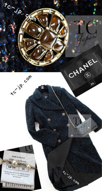 CHANEL 19PF Black Dark Navy Metallic Gripox Buttons Tweed Coat 38 40 シャネル ブラック ダークネイビー メタリック グリポワ 宝石 ボタン ツイード コート 即発