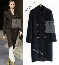 CHANEL 19PF Black Dark Navy Metallic Gripox Buttons Tweed Coat 38 40 シャネル ブラック ダークネイビー メタリック グリポワ 宝石 ボタン ツイード コート 即発