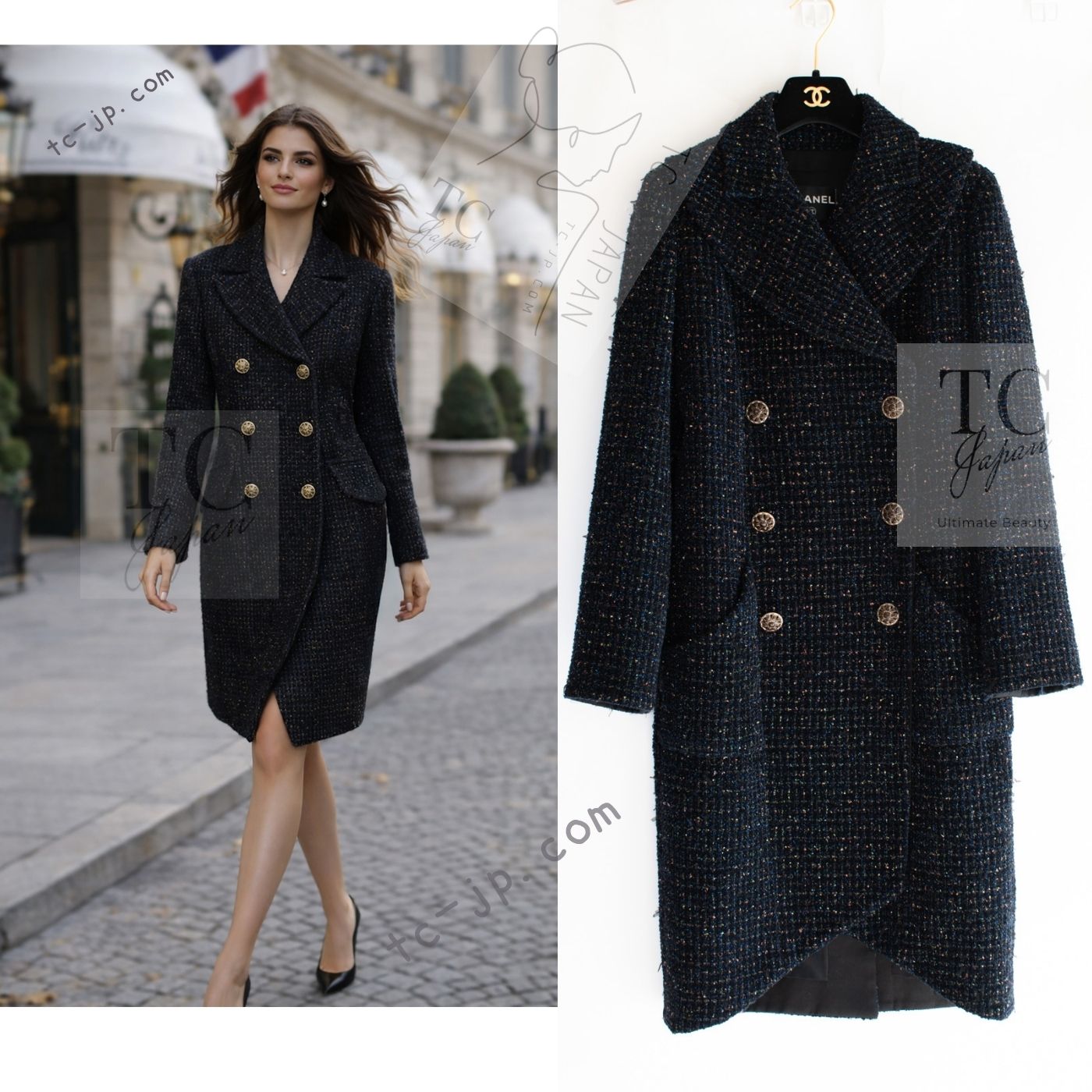CHANEL 19PF Black Dark Navy Metallic Gripox Buttons Tweed Coat 38 40 シャネル ブラック ダークネイビー メタリック グリポワ 宝石 ボタン ツイード コート 即発