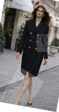 CHANEL 19PF Black Dark Navy Metallic Gripox Buttons Tweed Coat 38 40 シャネル ブラック ダークネイビー メタリック グリポワ 宝石 ボタン ツイード コート 即発