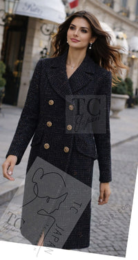 CHANEL 19PF Black Dark Navy Metallic Gripox Buttons Tweed Coat 38 40 シャネル ブラック ダークネイビー メタリック グリポワ 宝石 ボタン ツイード コート 即発