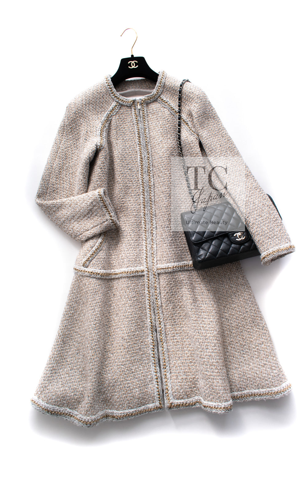 CHANEL 16A Beige Gold Braid Trim Wool Cotton Zipper Tweed Coat 38 シャネル ベージュ ゴールド ブレイド トリム ウール コットン ジッパー ツイード コート 即発 - TC JAPAN