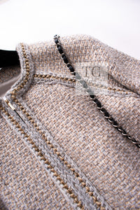 CHANEL 16A Beige Gold Braid Trim Wool Cotton Zipper Tweed Coat 36 38 シャネル ベージュ ゴールド ブレイド トリム ウール コットン ジッパー ツイード コート 即発