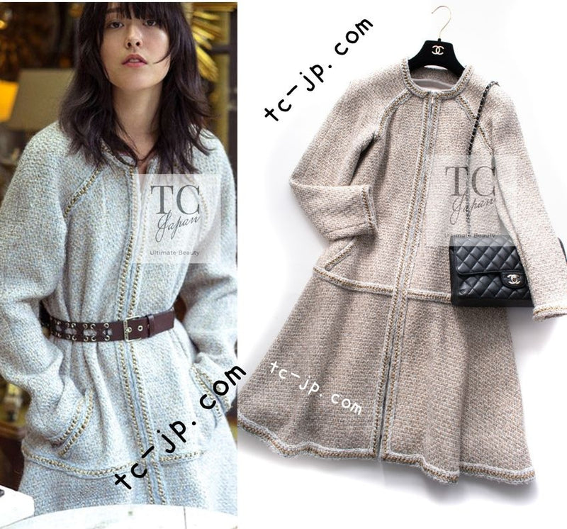 CHANEL 16A Beige Gold Braid Trim Wool Cotton Zipper Tweed Coat 36 38 シャネル ベージュ ゴールド ブレイド トリム ウール コットン ジッパー ツイード コート 即発