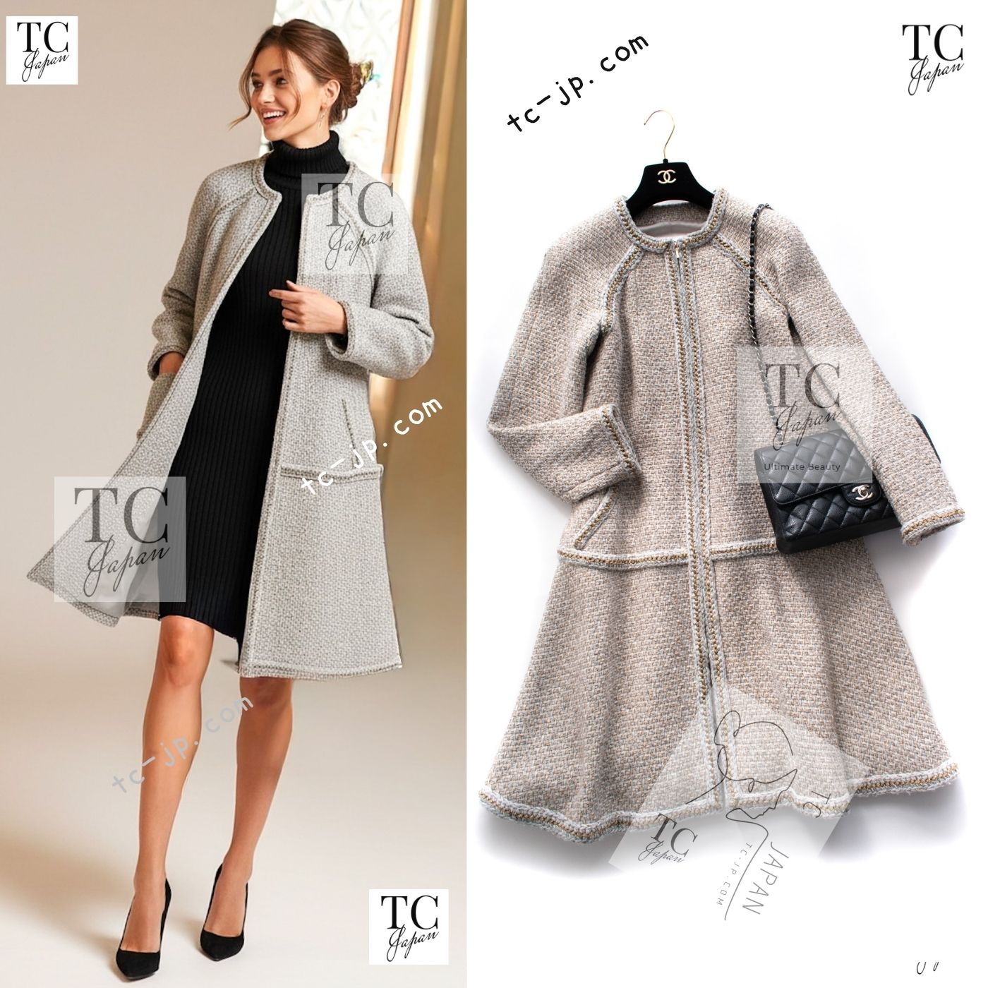 CHANEL 16A Beige Gold Braid Trim Wool Cotton Zipper Tweed Coat 38 シャネル ベージュ ゴールド ブレイド トリム ウール コットン ジッパー ツイード コート 即発