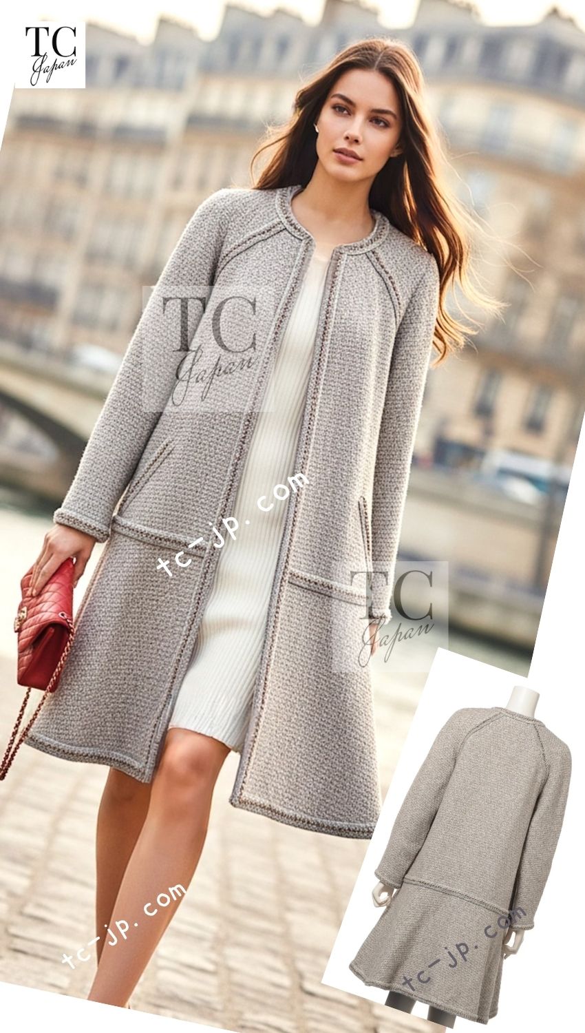 CHANEL 16A Beige Gold Braid Trim Wool Cotton Zipper Tweed Coat 38 シャネル ベージュ ゴールド ブレイド トリム ウール コットン ジッパー ツイード コート 即発 - TC JAPAN