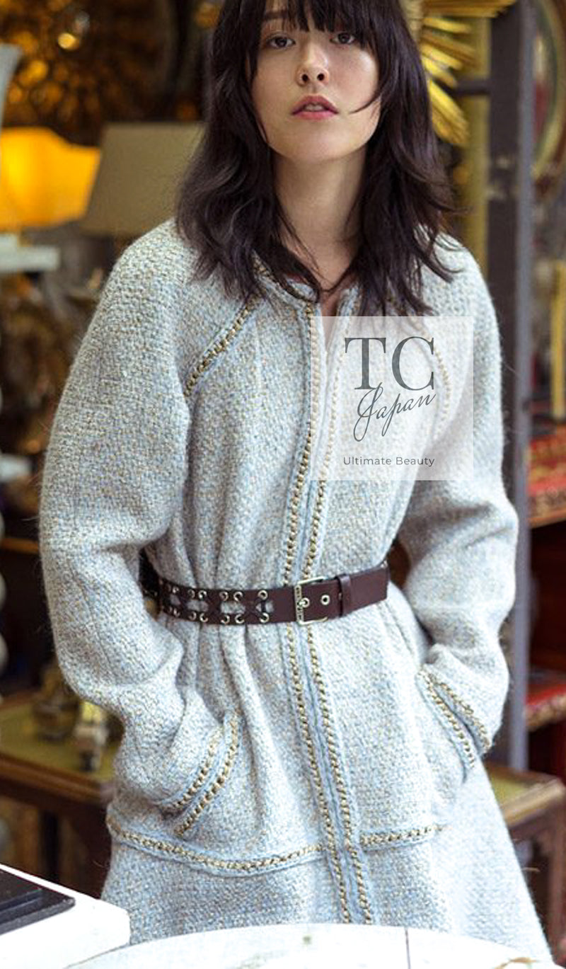 CHANEL 16A Gray Gold Trim Tweed Jacket Skirt Suit 36 38 シャネル グレー ゴールド トリム ツイード ジャケット スカート スーツ 即発