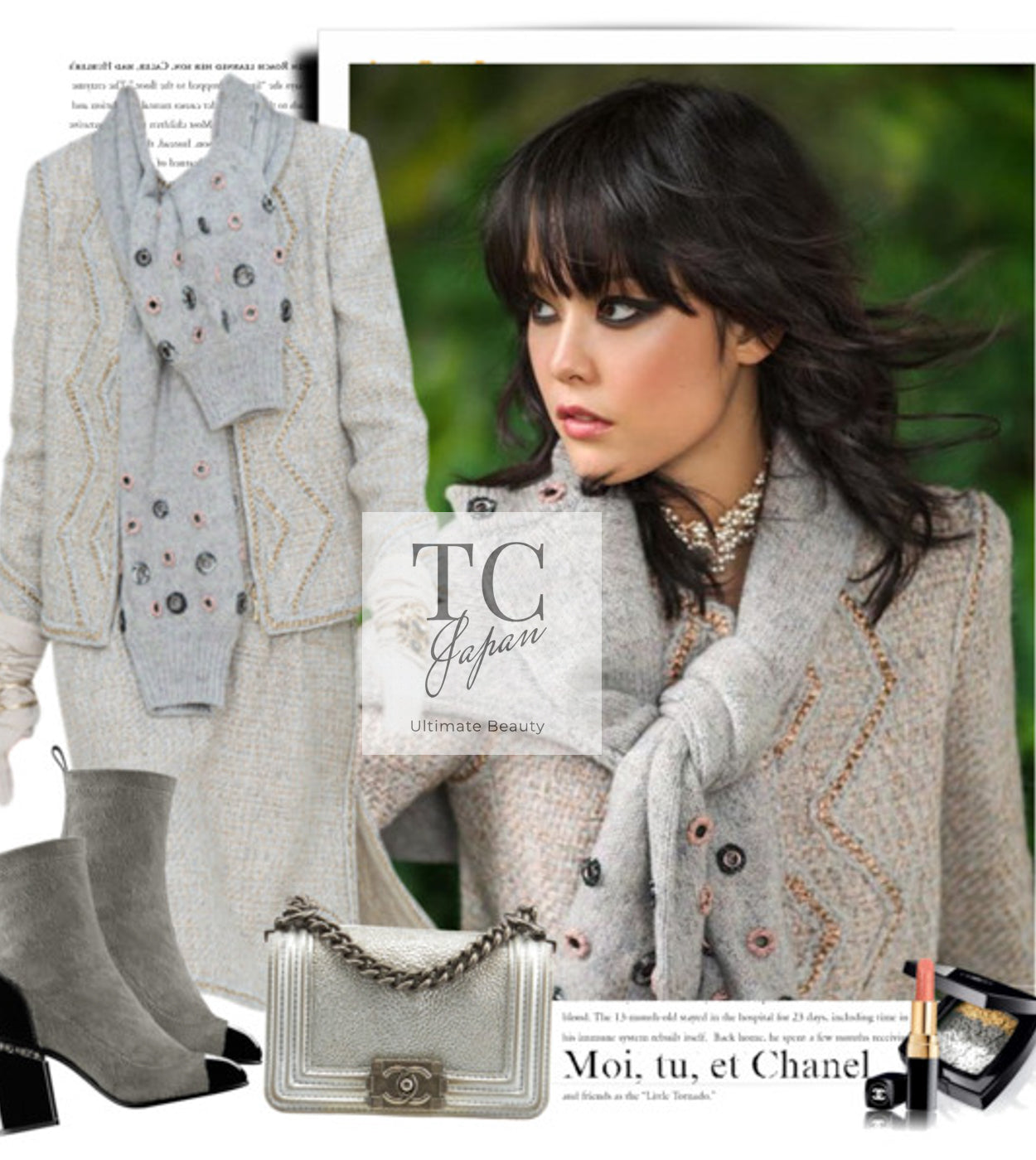 CHANEL 16A Gray Gold Trim Tweed Jacket Skirt Suit 36 38 シャネル グレー ゴールド トリム ツイード ジャケット スカート スーツ 即発