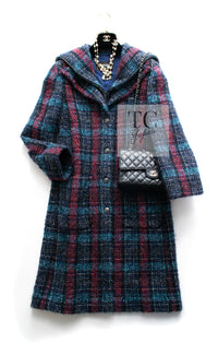 CHANEL 18PF Mohair Wool Red Navy Blue Super Soft Checked CC Logo Buttons Zip Coat 38 シャネル モヘア ウール レッド ネイビー ブルー ソフト チェック CCボタン ジッパー コート 即発