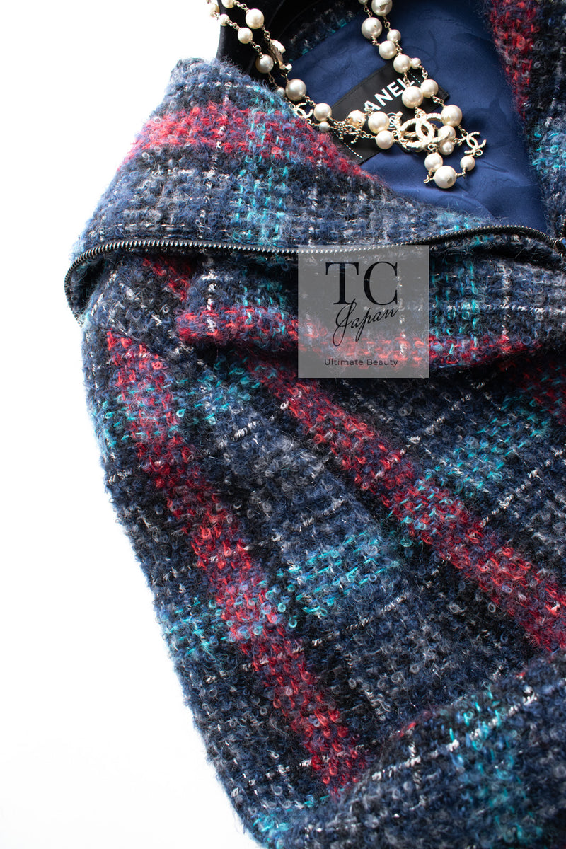 CHANEL 18PF Mohair Wool Red Navy Blue Super Soft Checked CC Logo Buttons Zip Coat 38 シャネル モヘア ウール レッド ネイビー ブルー ソフト チェック CCボタン ジッパー コート 即発