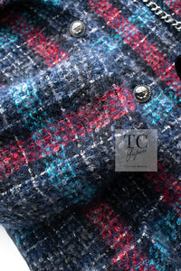 CHANEL 18PF Mohair Wool Red Navy Blue Super Soft Checked CC Logo Buttons Zip Coat 38 シャネル モヘア ウール レッド ネイビー ブルー ソフト チェック CCボタン ジッパー コート 即発