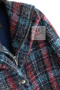 CHANEL 18PF Mohair Wool Red Navy Blue Super Soft Checked CC Logo Buttons Zip Coat 38 シャネル モヘア ウール レッド ネイビー ブルー ソフト チェック CCボタン ジッパー コート 即発