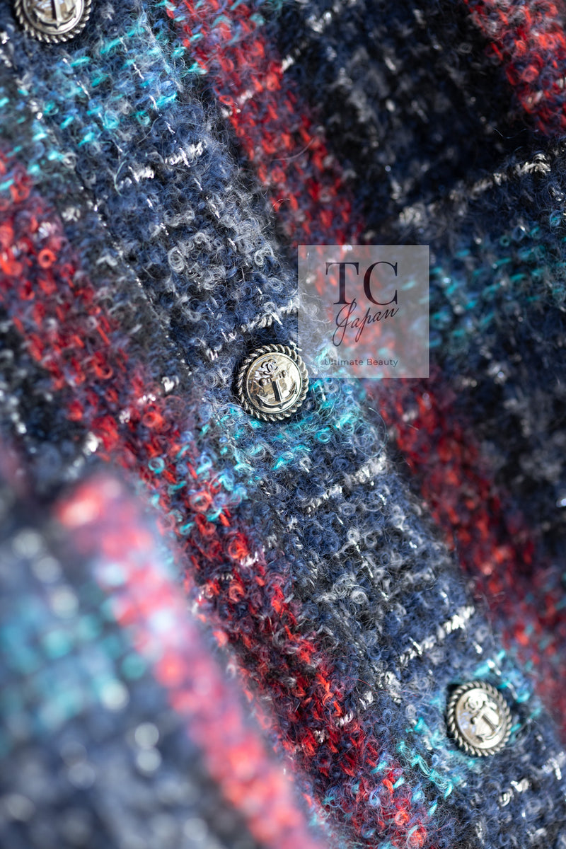 CHANEL 18PF Mohair Wool Red Navy Blue Super Soft Checked CC Logo Buttons Zip Coat 38 シャネル モヘア ウール レッド ネイビー ブルー ソフト チェック CCボタン ジッパー コート 即発