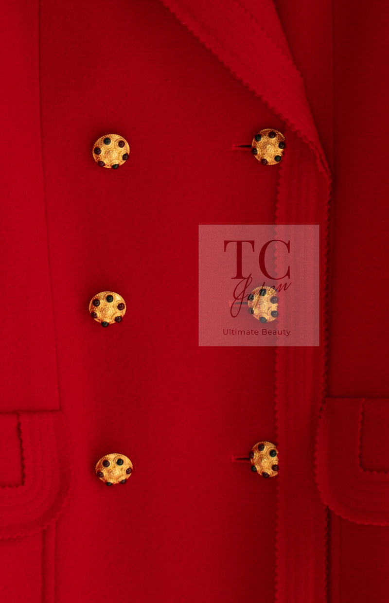 CHANEL 96A Vintage Red Gripox Buttons Double Wool Long Jacket Coat 38 40 シャネル ヴィンテージ レッド グリポア 宝石 ボタン タブル ウール ロング ジャケット コート 即発