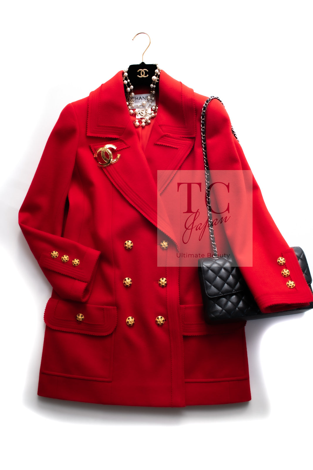 CHANEL 96A Vintage Red Gripox Buttons Double Wool Long Jacket Coat 40 シャネル ヴィンテージ レッド グリポア 宝石 ボタン タブル ウール ロング ジャケット コート 即発