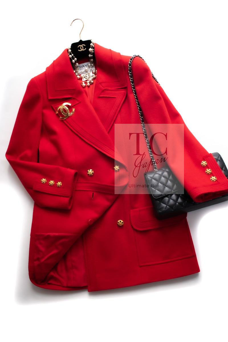 CHANEL 96A Vintage Red Gripox Buttons Double Wool Long Jacket Coat 38 40 シャネル ヴィンテージ レッド グリポア 宝石 ボタン タブル ウール ロング ジャケット コート 即発